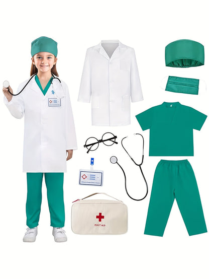 Set Kids Doctor Costume for 9-Piece Set with Stethoscope and First Aid Bag