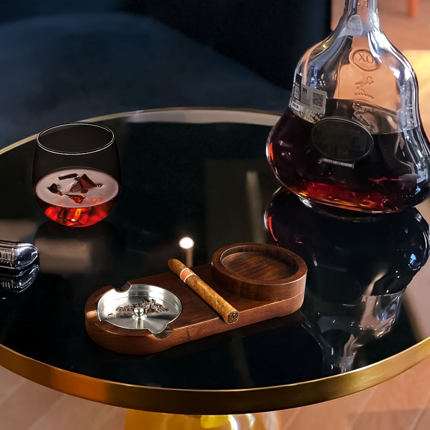 Whiskey Glass with Creative Cigar Ashtray and Tray