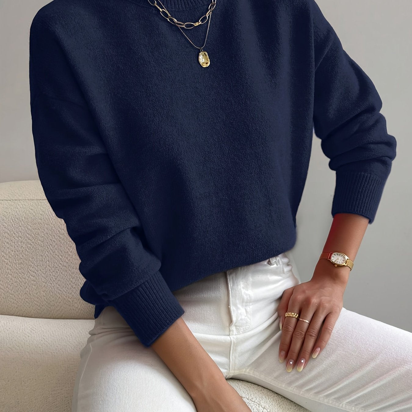 Ladies' Knitted Jumper with a High Neck and Long Sleeves for Autumn Winter