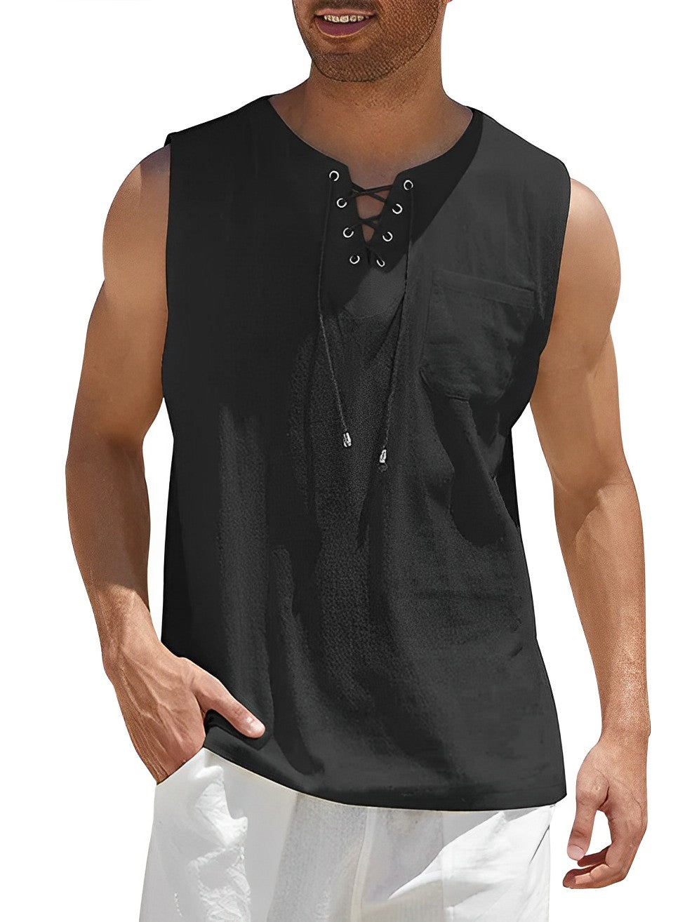 Men's Tank Top with Lace Neckline and Loose Fit for Summer