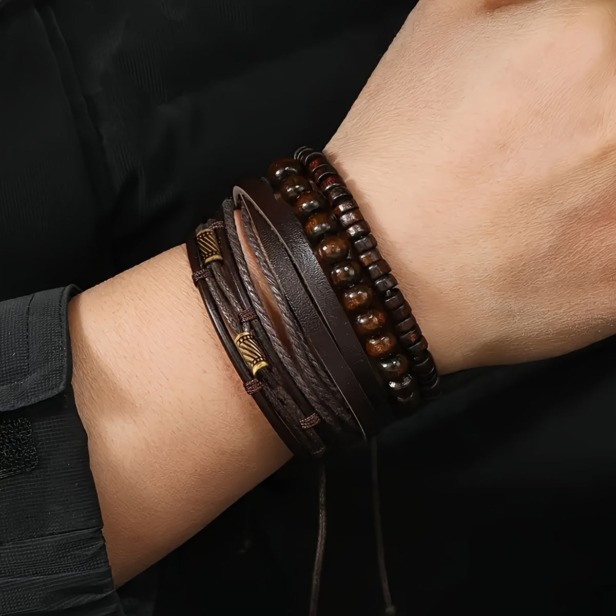 Bracelets with Stylish Leather and Wooden Set for the Modern Man