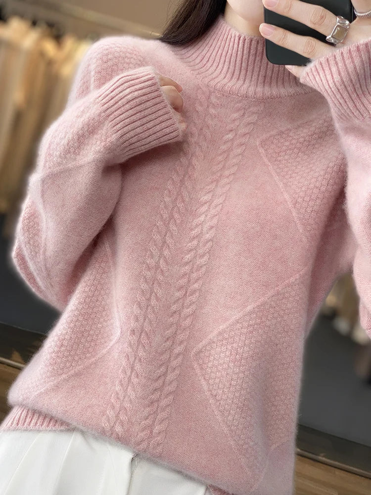 Cashmere Roll Neck Jumper for Women with Cable Knit Pattern and Soft Warmth