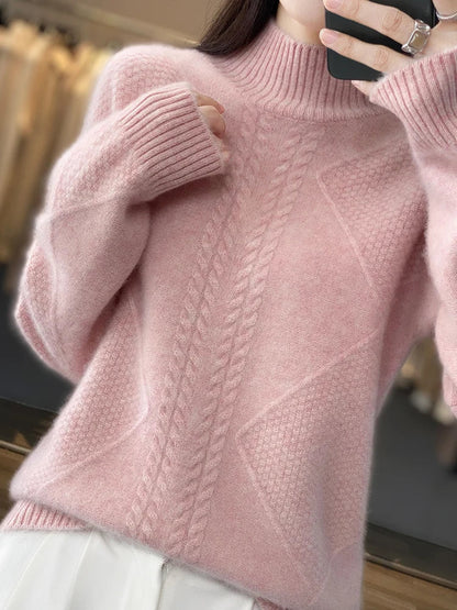 Cashmere Roll Neck Jumper for Women with Cable Knit Pattern and Soft Warmth
