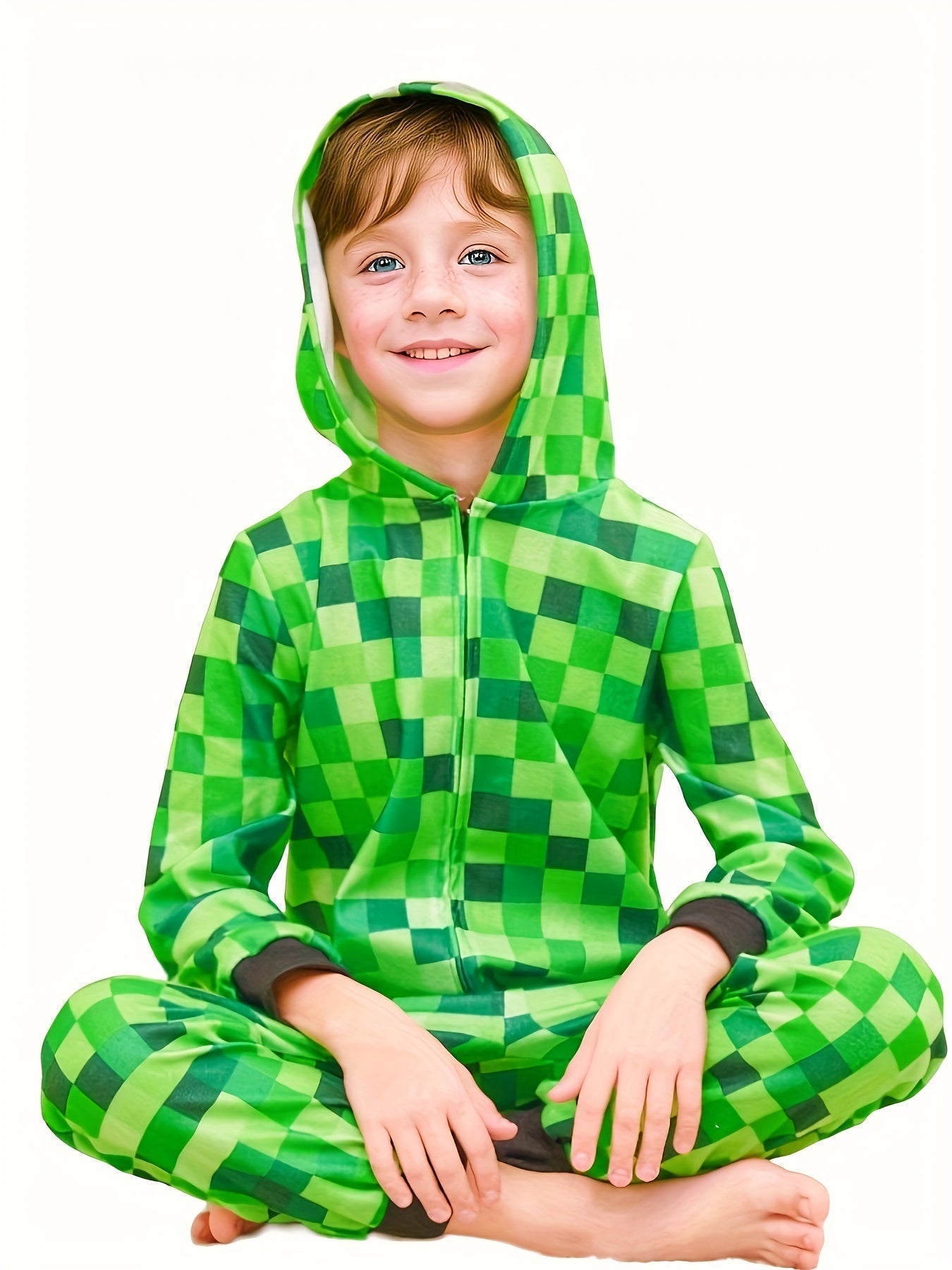 Minecraft Inspired Green Checkered Onesie for Kids for Perfect for Halloween and Parties