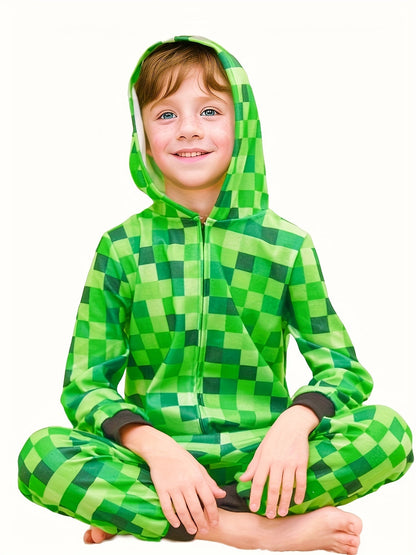 Minecraft Inspired Green Checkered Onesie for Kids for Perfect for Halloween and Parties