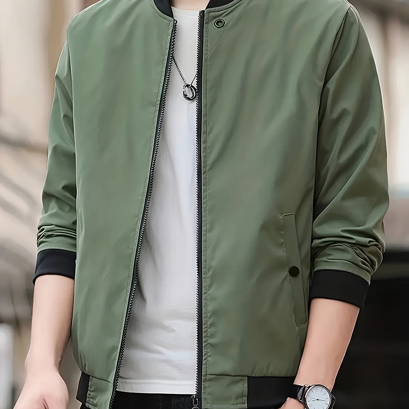 Stand with Lightweight Men's Summer Jacket with Up Collar and Zip Closure