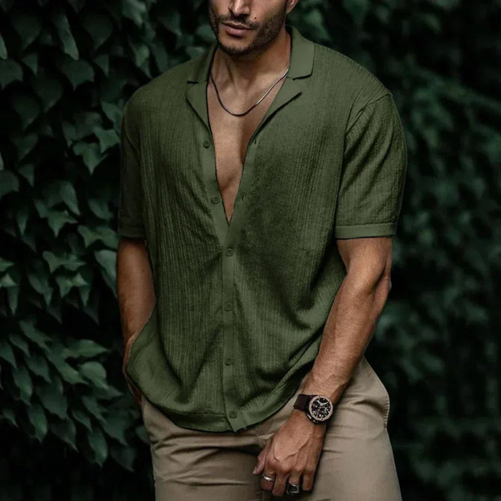 Linen Shirt for Men with Button Closure and Breathable Knit