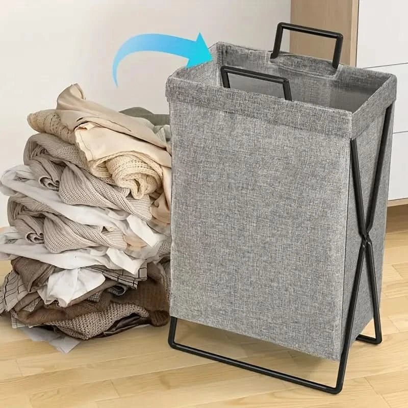 Basket with Foldable Laundry Metal Frame and Woven Fabric Storage Bag