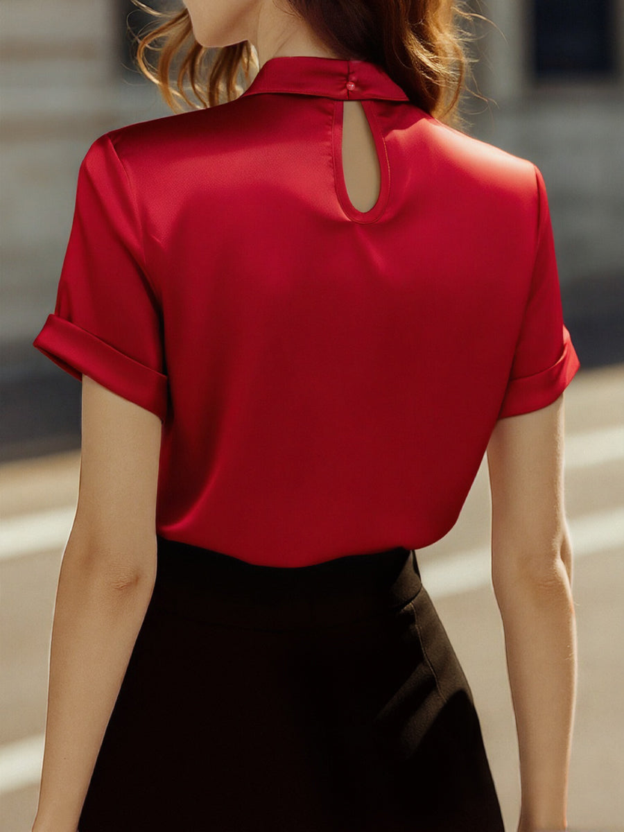 Elegant Satin Ladies' Blouse with Keyhole Neckline for Timeless and Refined