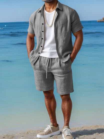Set with Linen Summer Design for Men with Short Sleeve Shirt and Comfortable Shorts