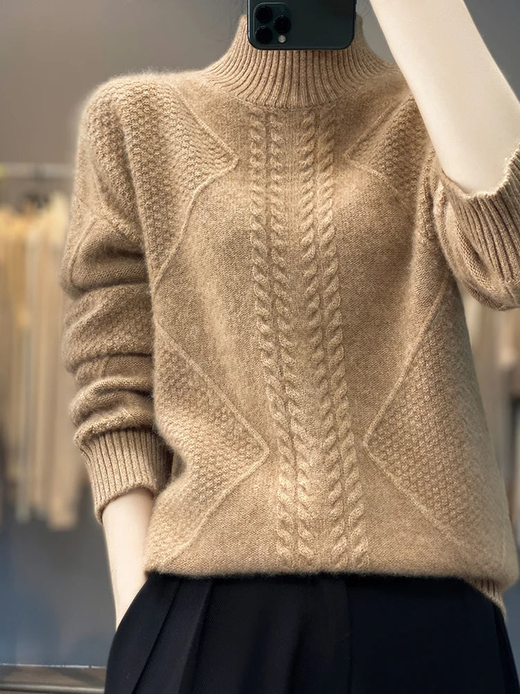 Cashmere Roll Neck Jumper for Women with Cable Knit Pattern and Soft Warmth