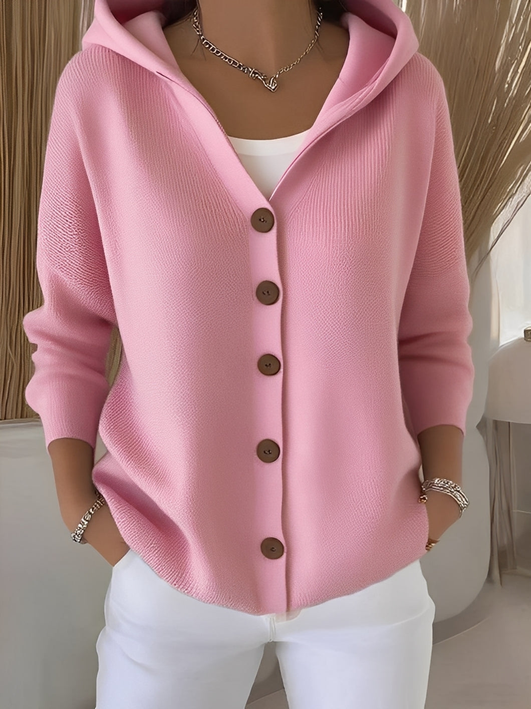 Knitted Women's Cardigan with Hood and Buttons for a Comfortable Casual Look