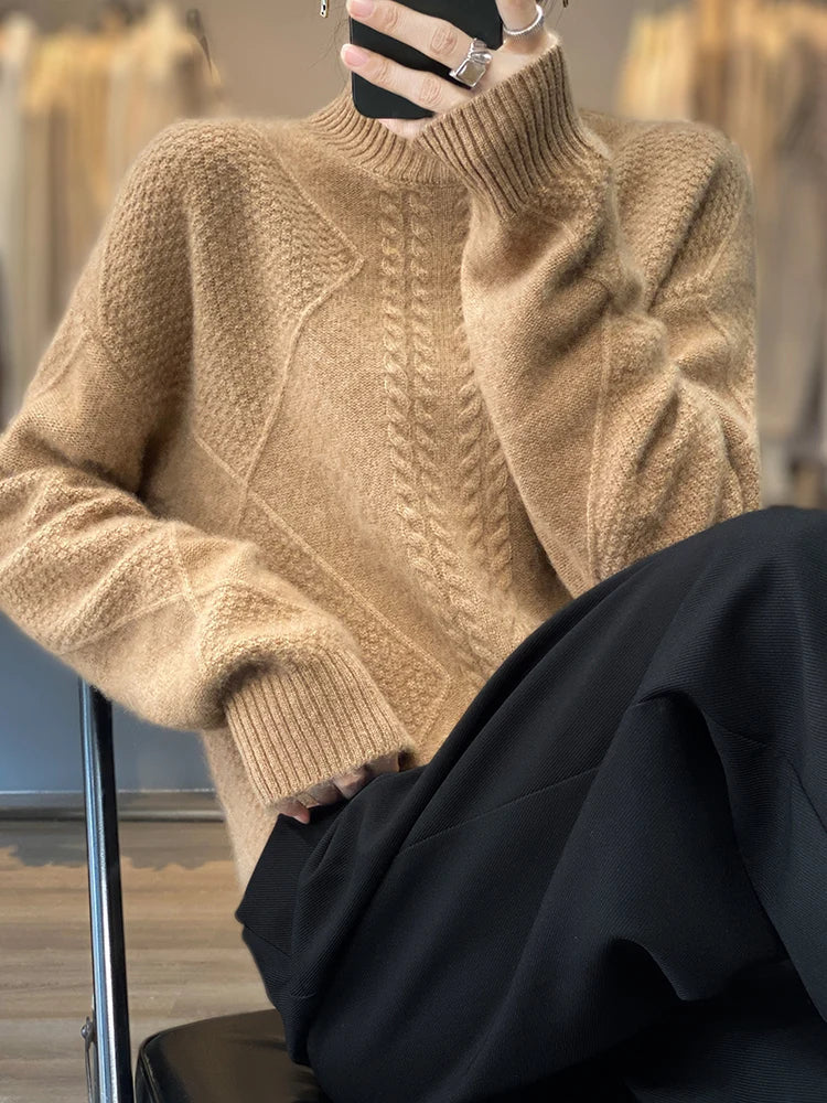 Cashmere Roll Neck Jumper for Women with Cable Knit Pattern and Soft Warmth