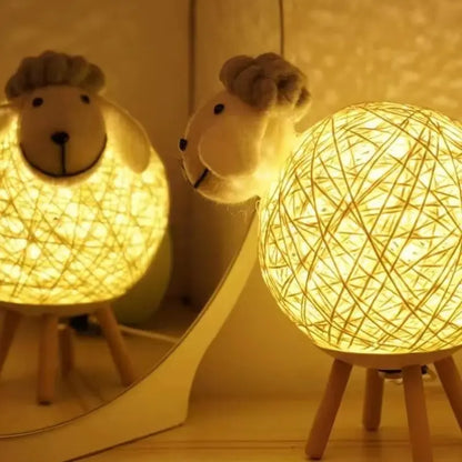 Sheep Night Light with Woven Shade and Wooden Base for a Warm Atmosphere