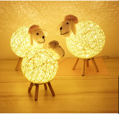 Sheep Night Light with Woven Shade and Wooden Base for a Warm Atmosphere