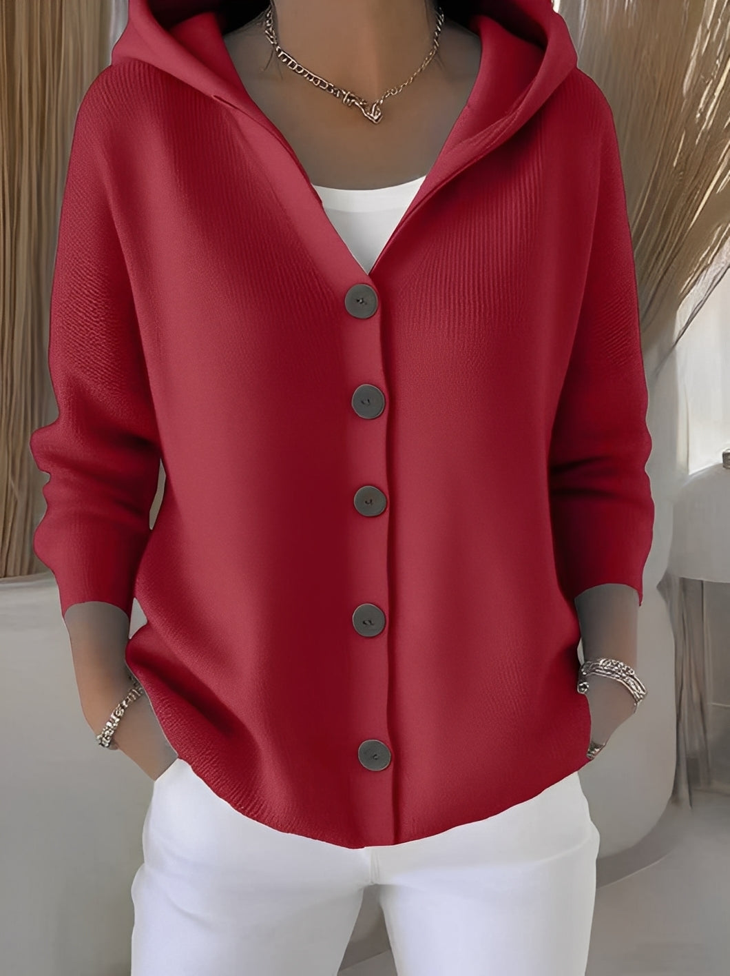 Knitted Women's Cardigan with Hood and Buttons for a Comfortable Casual Look