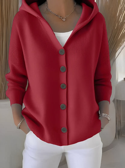 Knitted Women's Cardigan with Hood and Buttons for a Comfortable Casual Look