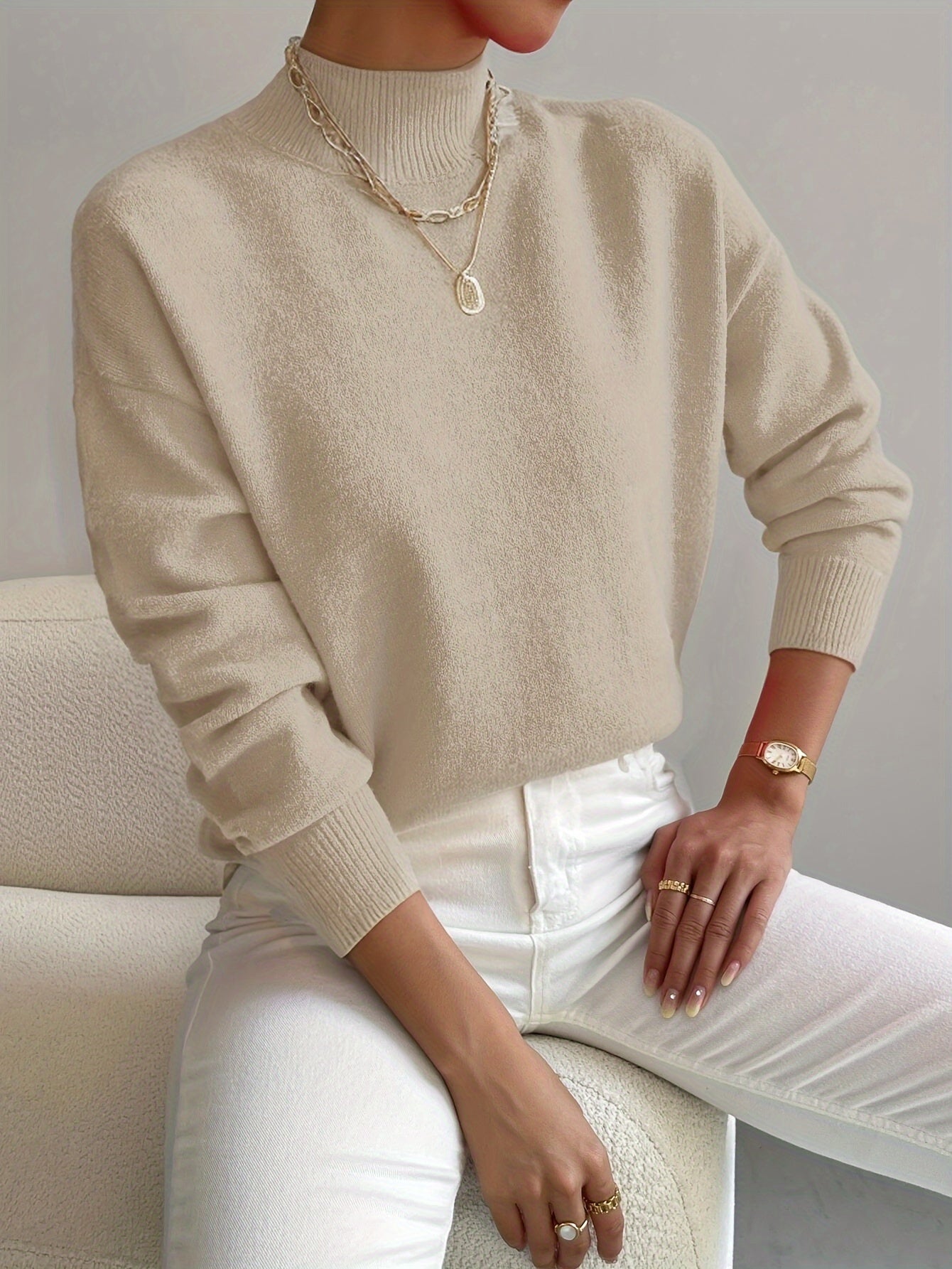 Ladies' Knitted Jumper with a High Neck and Long Sleeves for Autumn Winter