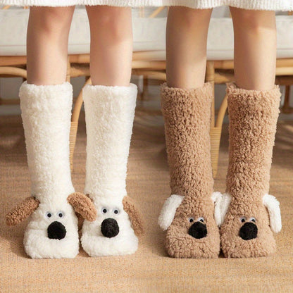 Dog with Ladies Cozy Cartoon Winter Socks with Soft and Warm Slipper Socks