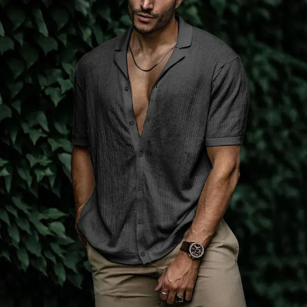 Linen Shirt for Men with Button Closure and Breathable Knit