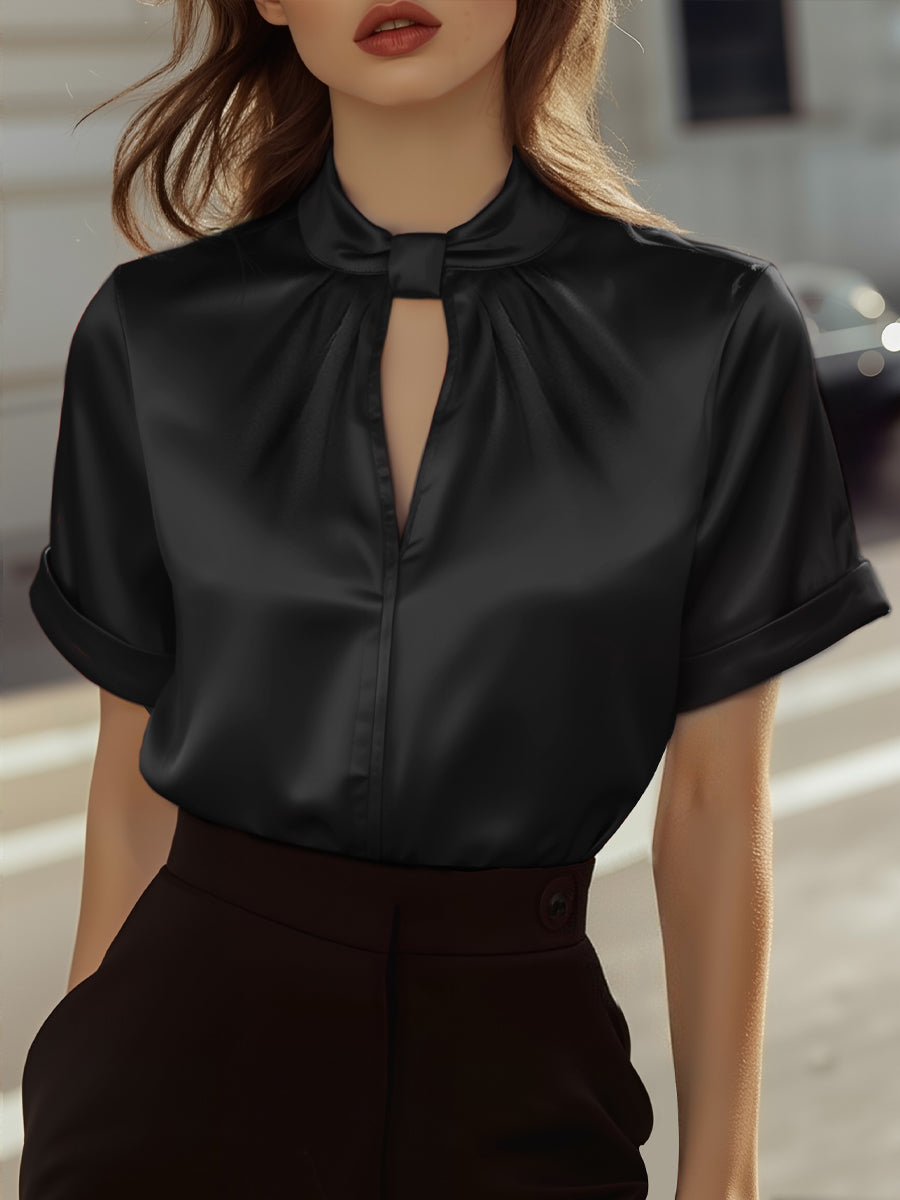 Elegant Satin Ladies' Blouse with Keyhole Neckline for Timeless and Refined