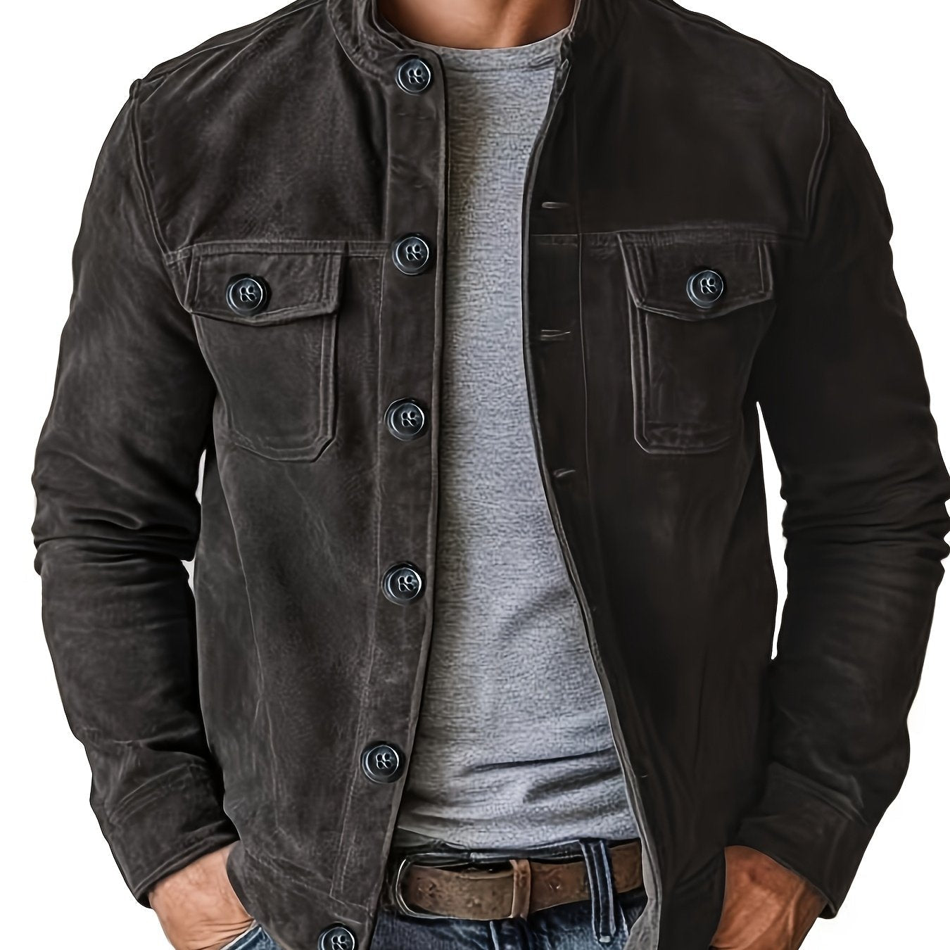 Stand with Men's Casual Jacket with Buttons and Up Collar for Vintage Work Jacket