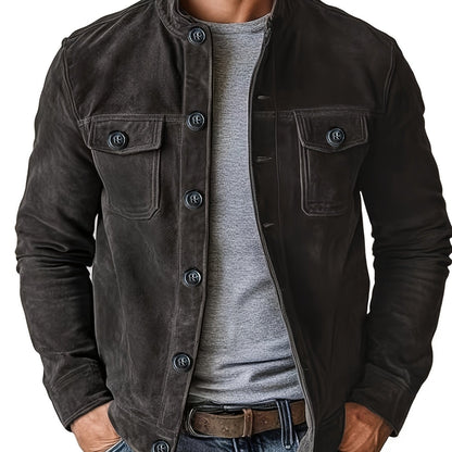 Stand with Men's Casual Jacket with Buttons and Up Collar for Vintage Work Jacket