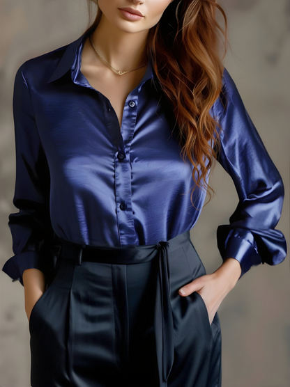 Satin Ladies' Blouse with Long Sleeves and Notched Collar for Elegant and Comfortable
