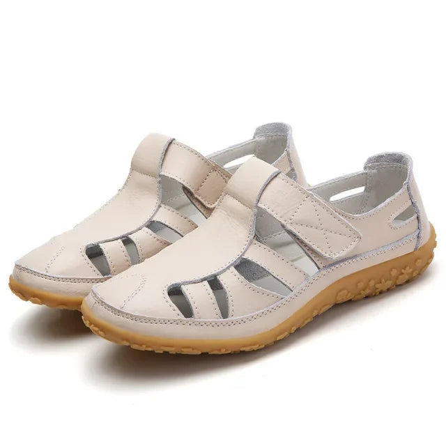 Leather Sandals for Women with Velcro and Comfort Sole