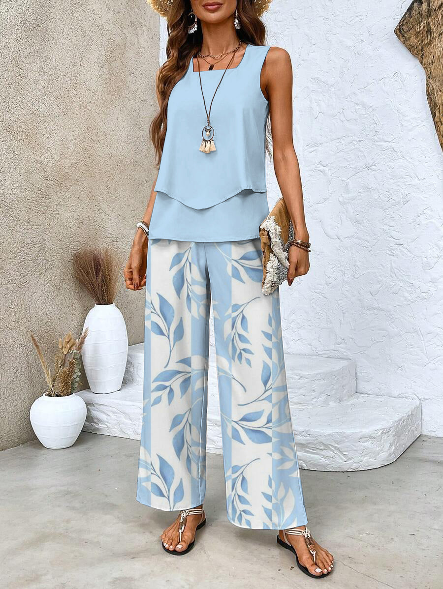 Set with Ladies Two-Piece Leaf Print and Wide Trousers for Summer Style