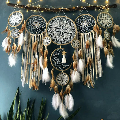 Bohemian Dreamcatcher Wall Decor with Moon Motif and Feathers for Atmospheric Interior Styling