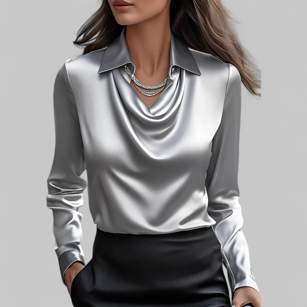 Ladies Satin Blouse with Waterfall Neckline and Long Sleeves