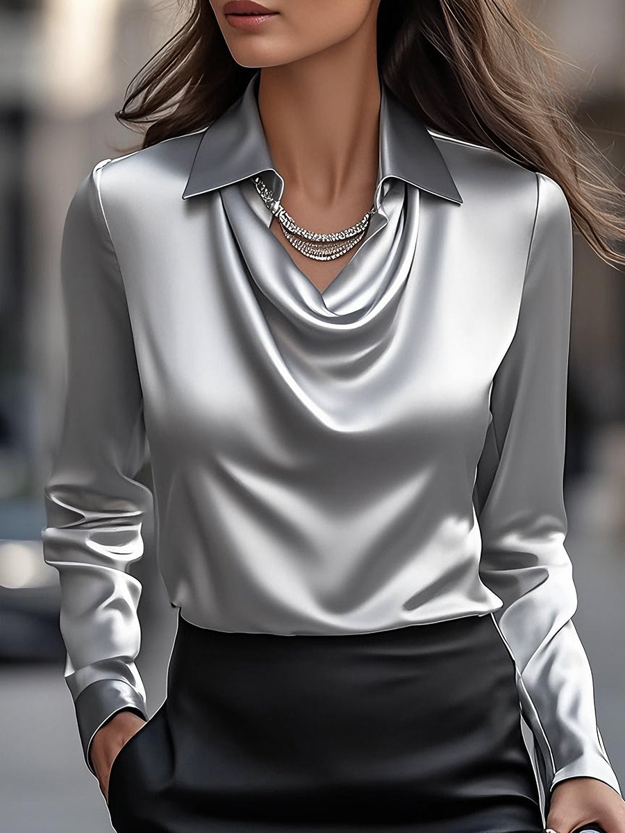 Satin Ladies' Blouse with Draped Neckline for Elegant and Refined