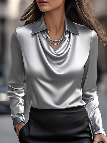 Satin Ladies' Blouse with Draped Neckline for Elegant and Refined
