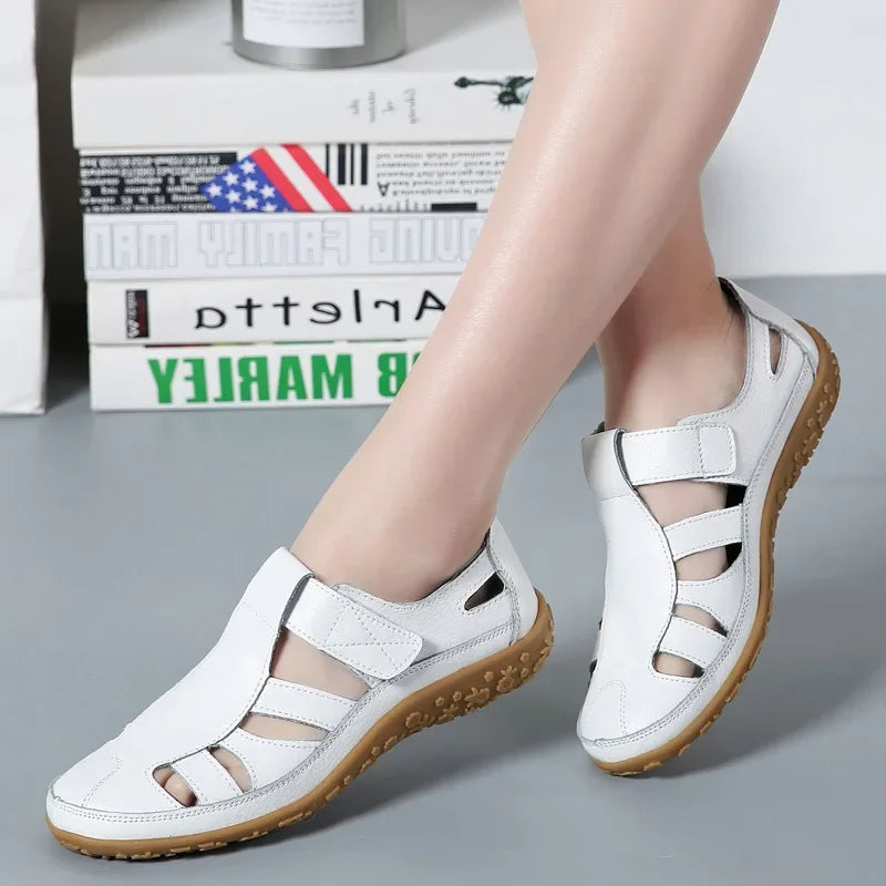 Leather Sandals for Women with Velcro and Comfort Sole
