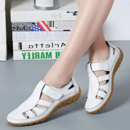 Leather Sandals for Women with Velcro and Comfort Sole