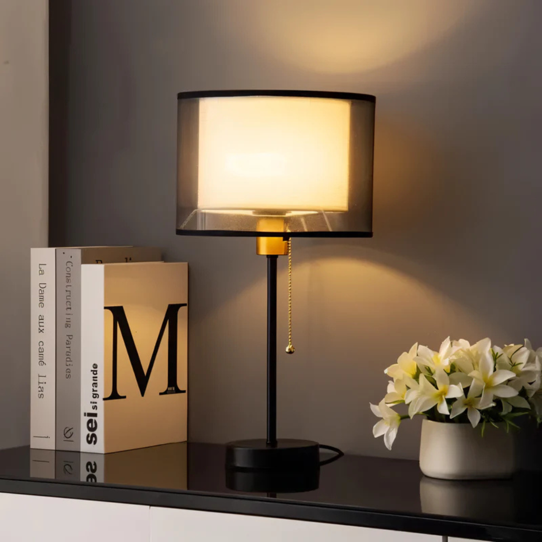 Table Lamp with Vintage Double Fabric Shade for Warm Ambient Light LED