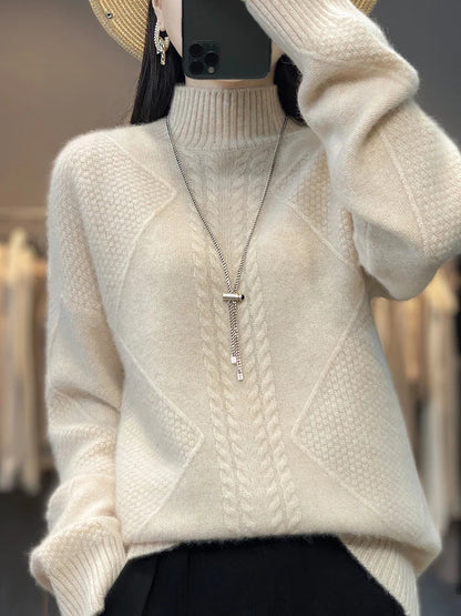 Cashmere Roll Neck Jumper for Women with Cable Knit Pattern and Soft Warmth