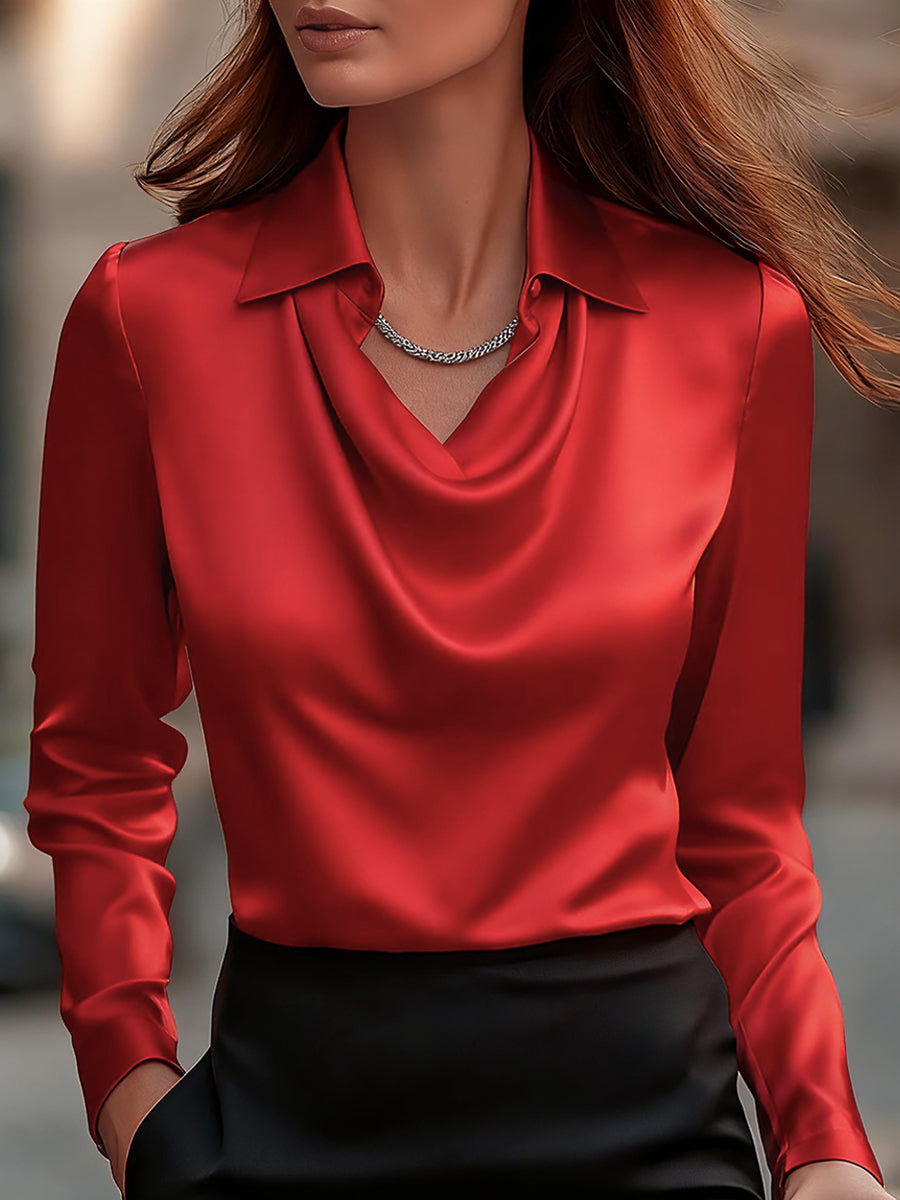 Satin Ladies' Blouse with Draped Neckline for Elegant and Refined