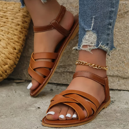 Sandals with Elegant Ladies' Crossed Straps and Comfortable Flat Sole