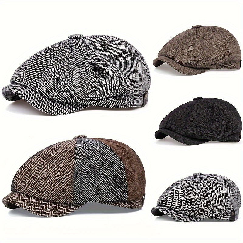 Men's Retro Flat Cap with Herringbone Pattern with Vintage Look Accessory