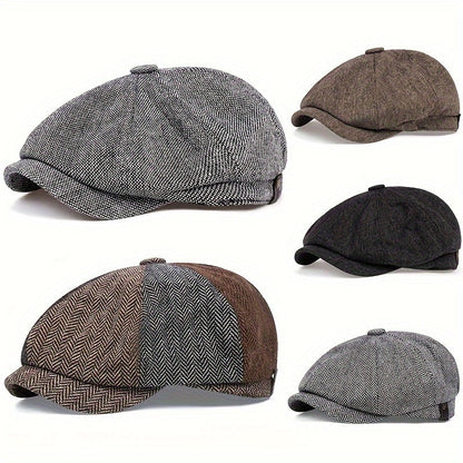 Men's Retro Flat Cap with Herringbone Pattern with Vintage Look Accessory