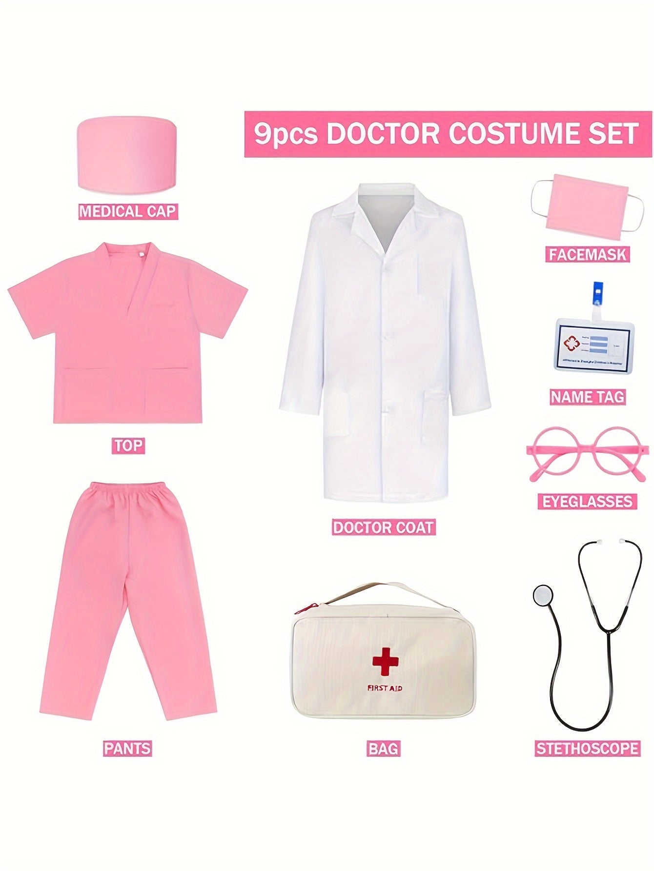 Set Kids Doctor Costume for 9-Piece Set with Stethoscope and First Aid Bag