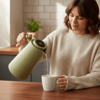 Thermal Flask with Temperature Display, Double-Walled Stainless Steel and Wooden Handle