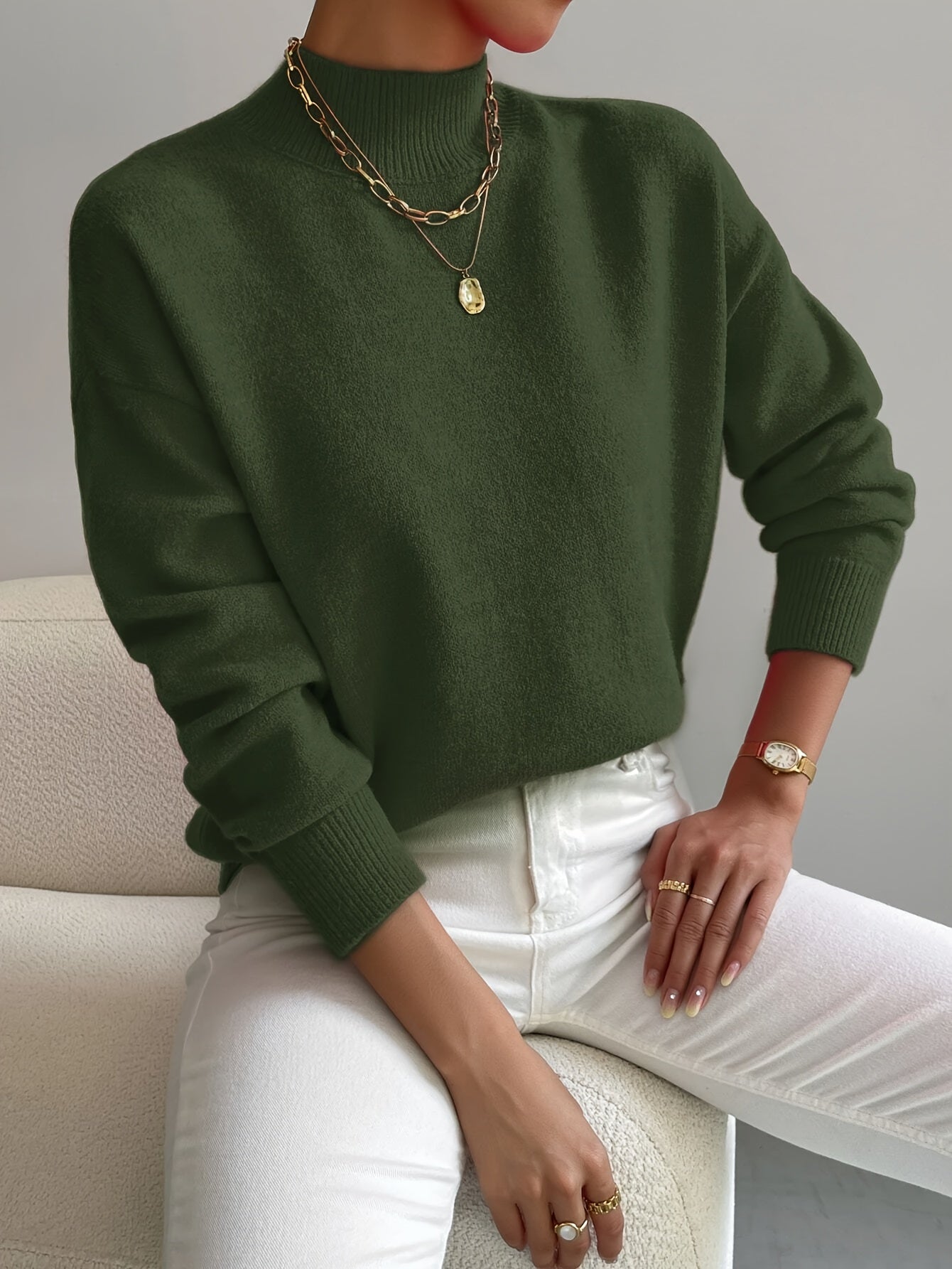 Ladies' Knitted Jumper with a High Neck and Long Sleeves for Autumn Winter