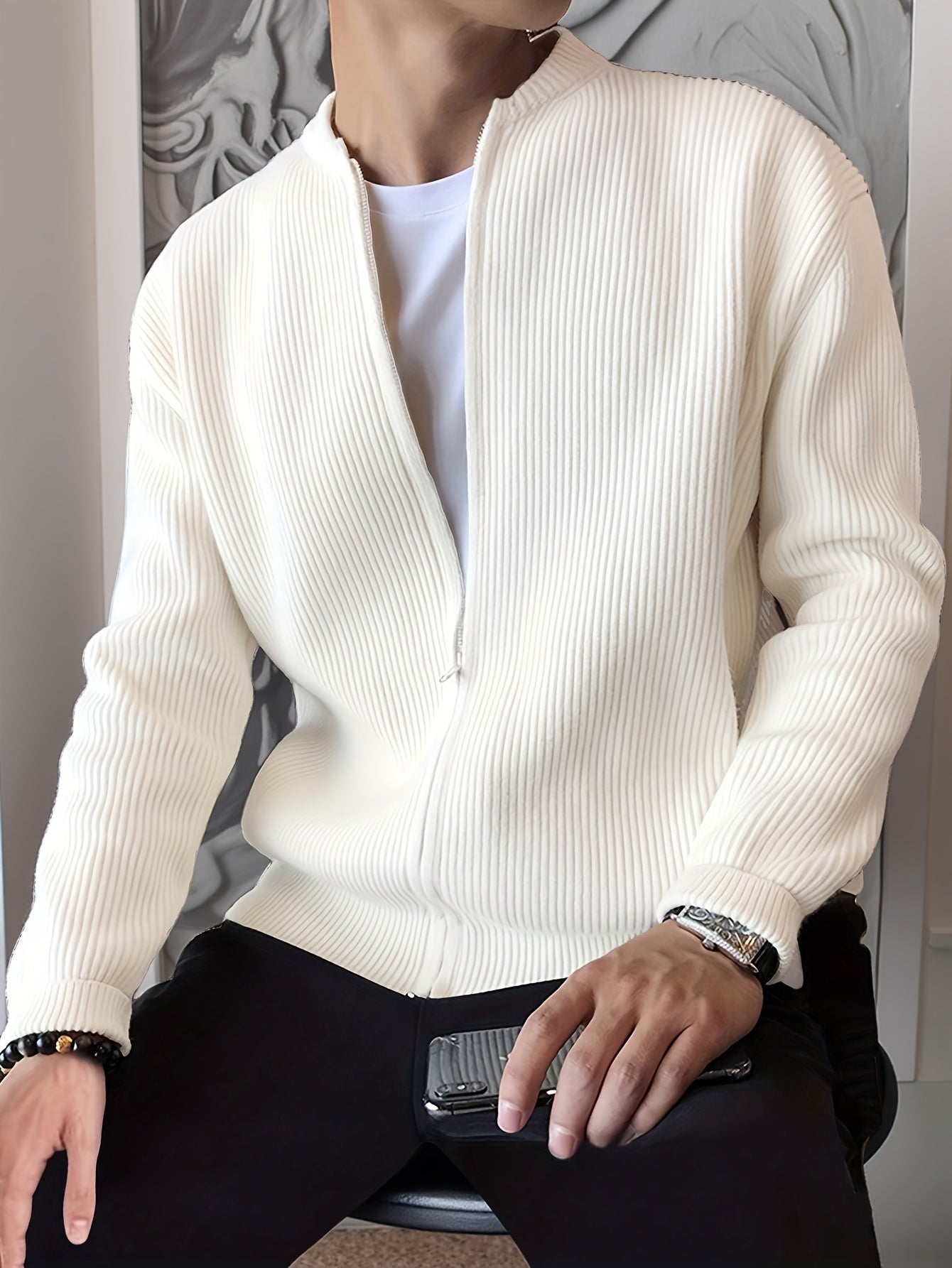 Men's Ribbed Zip-Up Cardigan for Relaxed Fit for Autumn and Winter