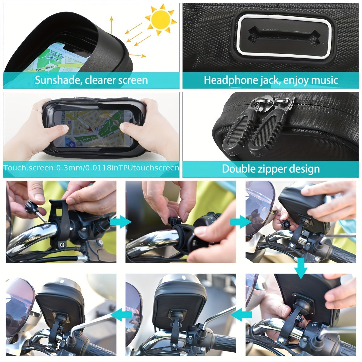 Holder Waterproof Bicycle and Motorcycle Phone for Handlebar Bag with 360° Rotation Option