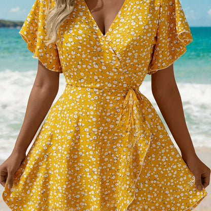 Lightweight Ladies' Summer Dress with Floral Print and Elegant Wrap Design