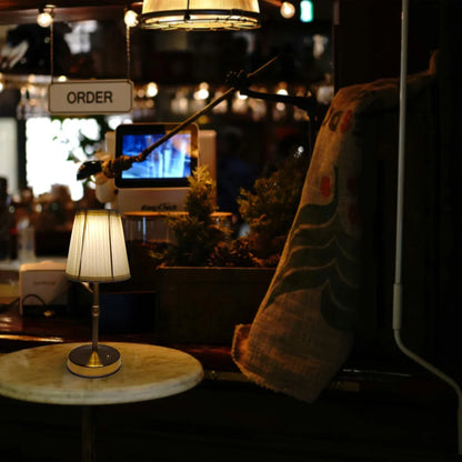 Wireless Table Lamp with Linen Shade and Brass Base for Warm Light