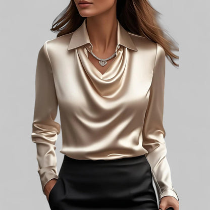 Ladies Satin Blouse with Waterfall Neckline and Long Sleeves